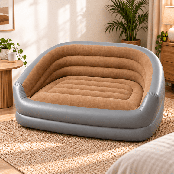 Inflatable Sofa for Adults, 2-Person Portable Blow Up Couch with Soft Flocked Surface, Air Loveseat for Living Room, Camping, Patio & Apartment