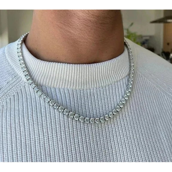 JALASH ONLINE 14Ct Round Cut Lab Created Diamond Men's Tennis Necklace 14K White Gold Plated 20"
