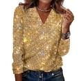thumbnail image 2 of Sequin Holiday Tops for Women Party Night V Neck Sparkly Long Sleeve Top Glitter New Years Eve Tops Gold 2XL, 2 of 7