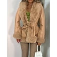 thumbnail image 6 of Women'S Faux Leather Jacket with Faux Fur Collar, Winter Long Sleeve Furry Trim Peplum Parka Coat with Belt Brown S, 6 of 8