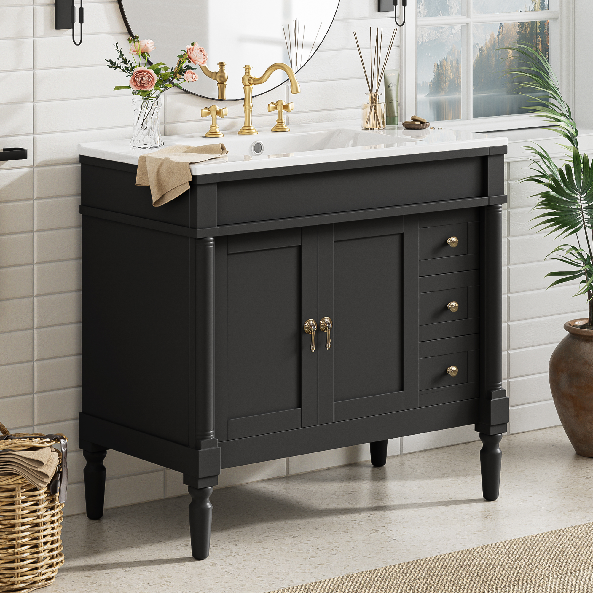 Euroco 36" Bathroom Vanity with Ceramic Sink, Soft Close Doors, Adjustable Shelves, Modern Storage Cabinet for Small and Medium Bathrooms