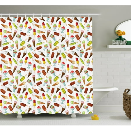 Chocolate Whip Cream - Ice Cream Shower Curtain, Frozen Desserts in Wafer Cone Glazed Eskimo with Whipped Cream Chocolate Sundae, Fabric Bathroom Set with Hooks, 69W X 70L Inches, Multicolor, by Ambesonne