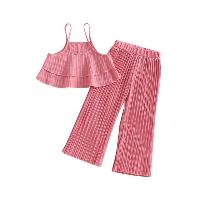 xiaxaixu Kids Girls Clothes Suits Solid Color Ruffles Sleeveless Sling Tank Tops and Elastic Waist Pleated Wide-Leg Pants 2Pcs Set