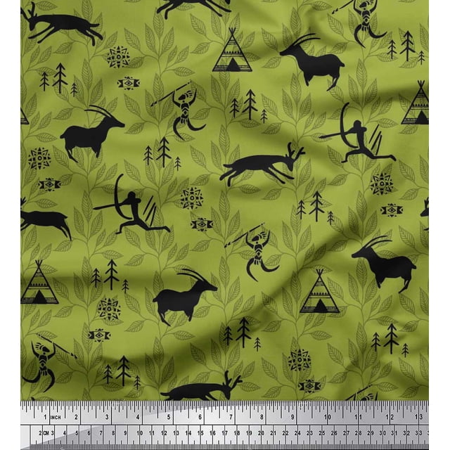 Soimoi polyester Crepe Fabric Reindeer,Tent & Human African Print Sewing Fabric Yard 52 Inch Wide