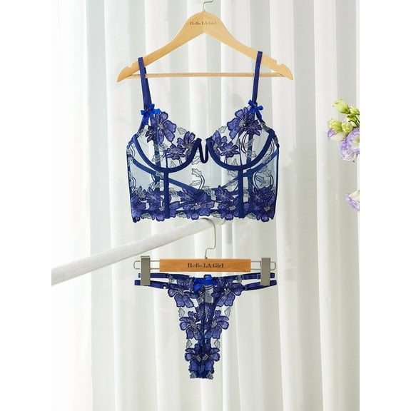 Blue Floral Embroidery Bustier Straps Lingerie Set (BLUE, S)