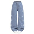 thumbnail image 2 of Kids Girls Baggy Jeans Wide Straight Leg Pants Cute Printed Bow Decorated Wide Leg Pants for Stretchy Casual Trousers Age 7 12 Years Girls Bottoms 9-10T, 2 of 4