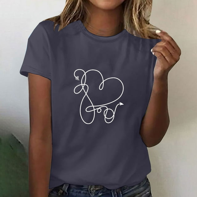 Meichang T-Shirts de la Saint-Valentin pour Femmes, T-Shirts Mignons à Imprimé Cœur, Col Rond Décontracté, Coupe Ample, T-Shirts de Fête à Manches Courtes, Vêtements Mignons