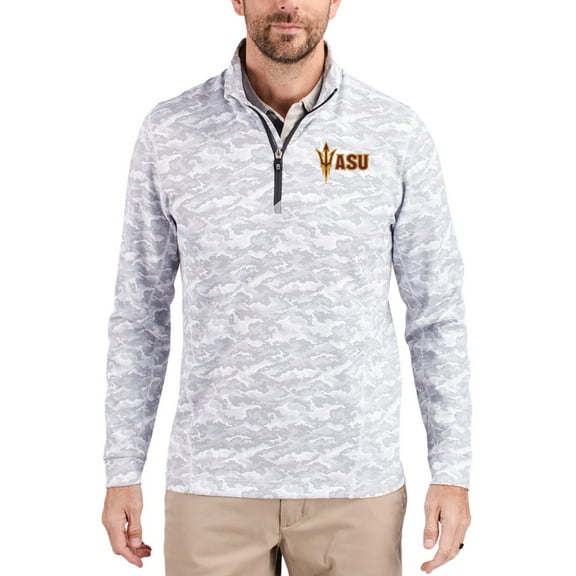 Men's-Cutter & Buck  Gray Arizona State Sun Devils Traverse Stretch Eco Camo DryTec Tri-Blend Quarter-Zip Pullover
