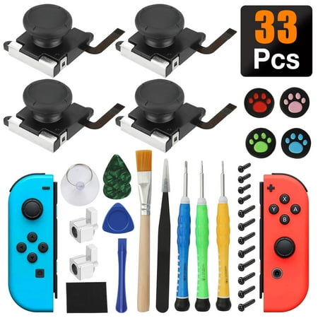3D Analog Joystick Thumbstick Repair Kit Fit for Nintendo Switch Left Right Joy-Con Controller, Switch 3D Analog Joystick Replacement Part, Thumbstick Caps, Metal Buckles, Screwdriver Pry Repair Tools