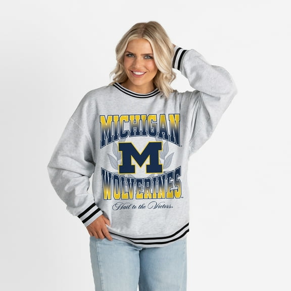 Women's Gameday Couture Ash Michigan Wolverines Oversized Fade Route Ringer Stripe Sweatshirt