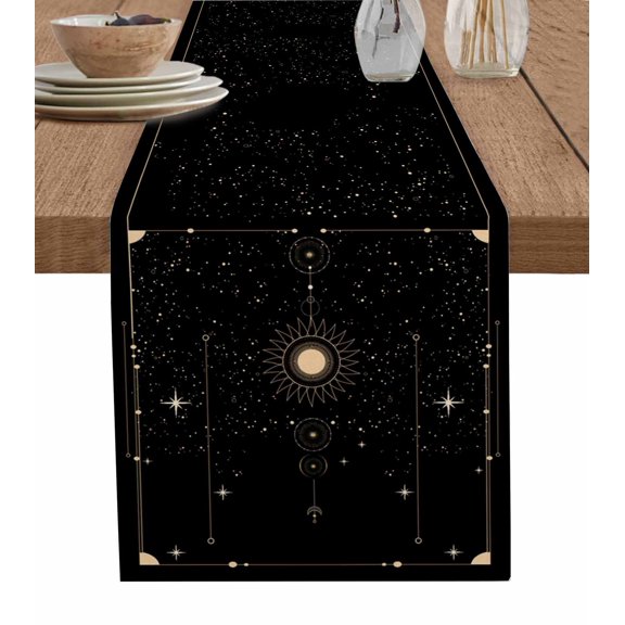 Table Runner Dresser Scarf 13 x 70 Inch Boho Mystical Galaxy Sun Moon Stars Black Bohemia Table Runners Non-Slip Heat Kitchen Dining Table Decor for Indoor Outdoor Home Party Decoration