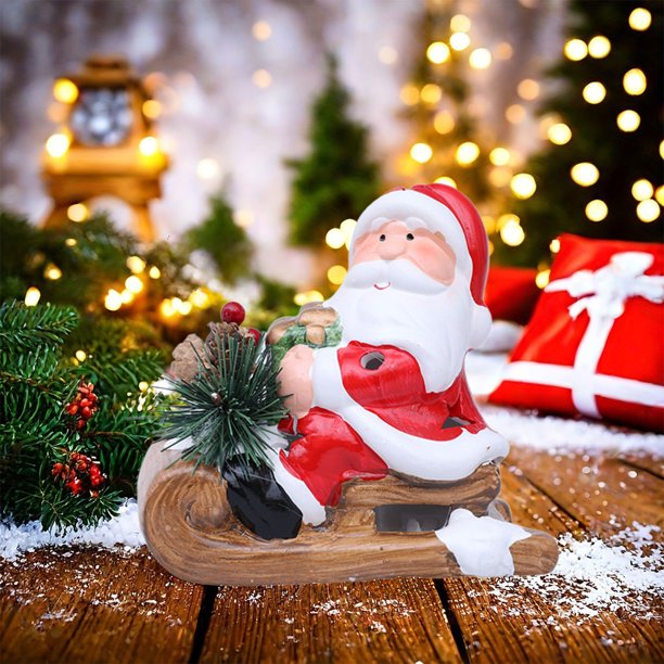 Herunwer Light up Ceramic Santa Claus Snowman Sleigh Figurines Lighted Porcelain Christmas Characters Statue on Sleds with Pine Cones, Berries, Pine Needles for Holiday Table Decor