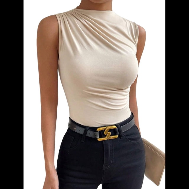 Camiseta de Cuello Alto Sin Mangas, Plisada, de Color Liso, A para Mujer Albaricoque XL
