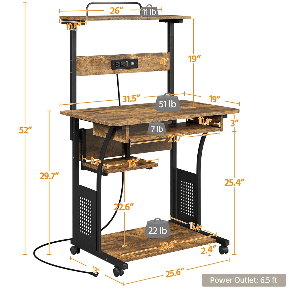 Yaheetech 3 Tiers Computer Desk with Charging Station for Home Office,Rustic Brown
