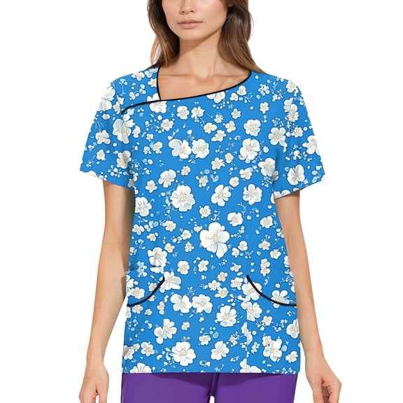 NAMTYQX Scrubs for Women Light Loose Fit Asymmetric V Neck Short Sleeve Stretch Casual Blue Size 2XL