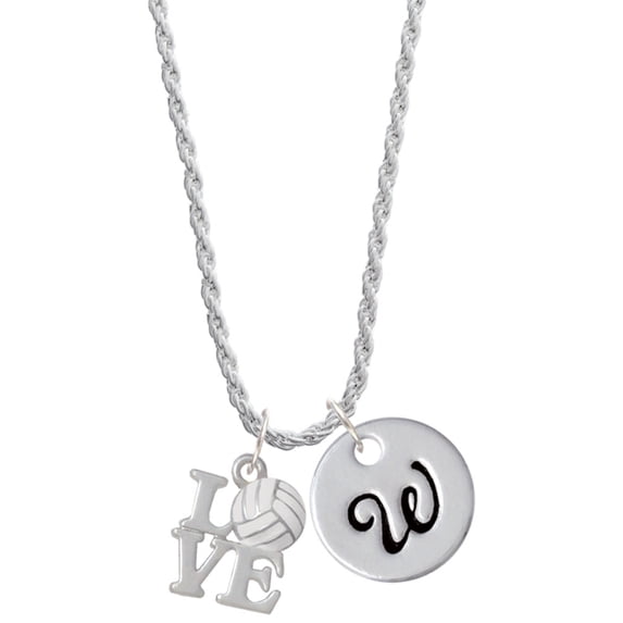 Delight Jewelry Love with Volleyball Silvertone Script Initial Disc - W - Charm Necklace, 20"+3"