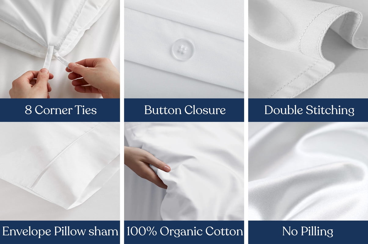 Delara GOTS Certified Organic Cotton Twin Duvet Cover Set, 400TC, Soft, Breathable, 8 Ties, Ivory for Hot Sleepers