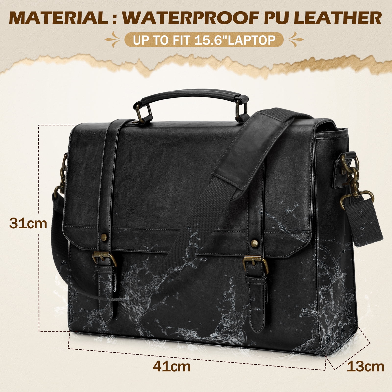 RAINSMORE Messenger Bag for Men 15.6 inch Vintage Leather Waterproof Laptop Briefcase Computer Laptop Bag Large Satchel Bag Retro Shoulder Bag for Office Business College,Black