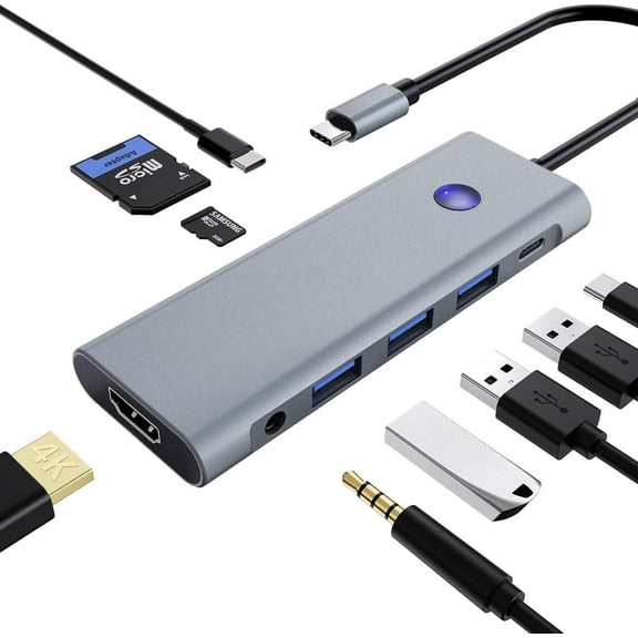 USB C Hub MultiPort Adapter, 9-in-1 USB C Hub with 100W PD Charging, USB 3.0/2.0, SD/TF Card Reader, Audio Jack Compact Adapter for PC/Laptop/Tablet/ Game Console, Grey