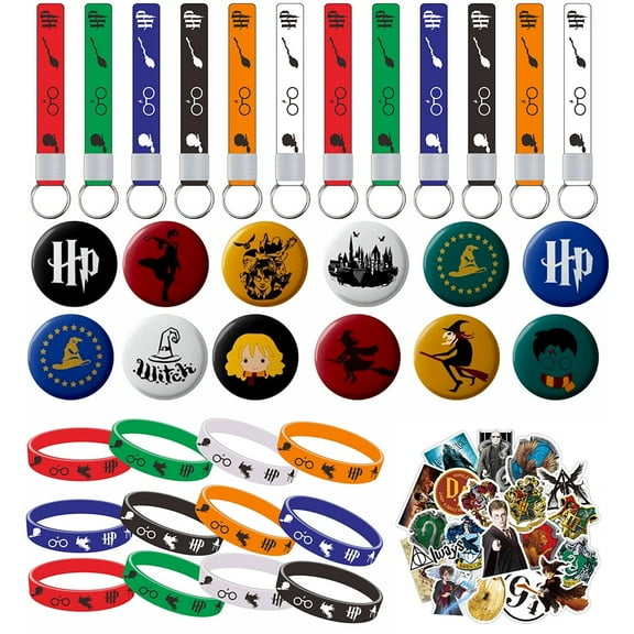 PIUMOJ Harry Birthday Party Bag Set, 12 Silicone Bracelets, 12 Key Chains, 12 Brooches, 50 Stickers, Decorative Bag Set for Boys and Girls Theme Party