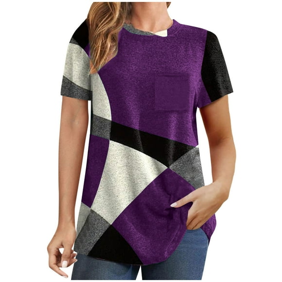 JIUKE T-Shirts for Women Short Sleeve Tunic Tops with Pocket Summer Casual Color Block Cute Comfy Tees