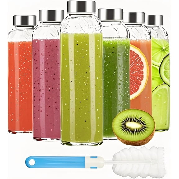 18oz Glass Juice Bottles with Lids Set of 6,Clear Glass Water Bottles,Reusable Drinking Bottles with Stainless Steel Airtight Cap,Storage Containers for Refrigerator-BPA Free,Leak Proof