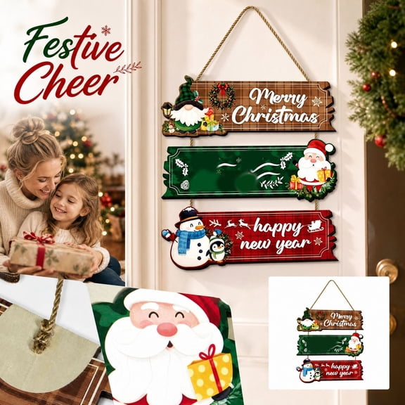 Christmas Wooden Door Hanger Sign, 3 Tier Hanging Wall Plaque With Santa, Snowman and Gnome, Merry Christmas Happy New Year Front Door Decor for Holiday Party