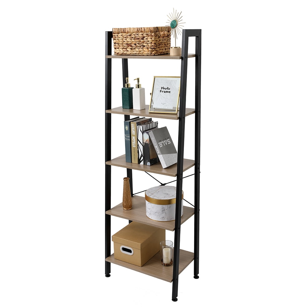Ladder Shelf Bookcase, 5 Tier Wood Ladder Shelves Leaning Bookshelves