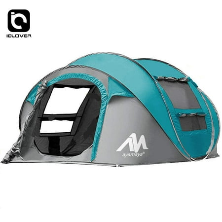 Camping Tents 3/4 Person/People/Man Backpacking Travel Instant Pop Up Easy Quick Setup Tents,iClover Ventilated [2 Door] [Mesh Window] Waterproof 4 Season Big Family Privacy Dome Tent