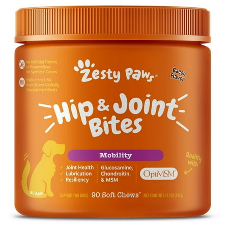 Zesty Paws Hip & Joint Mobility Bites for Dogs, Functional Dog Supplement with Glucosamine + Chondroitin & MSM, Bacon Flavor, 90 Count Soft Chews