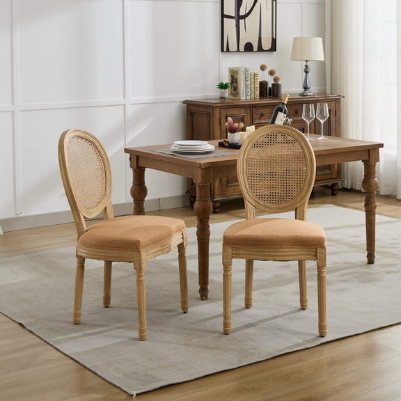 Wooden Dining Chairs, A&A Furniture,French Style Solid Wood Frame Antique Painting Linen Fabric Rattan Back Dining Chair,Set of 2,Tan, Tan Dining Chairs,Fabric Upholstered Dining Chairs