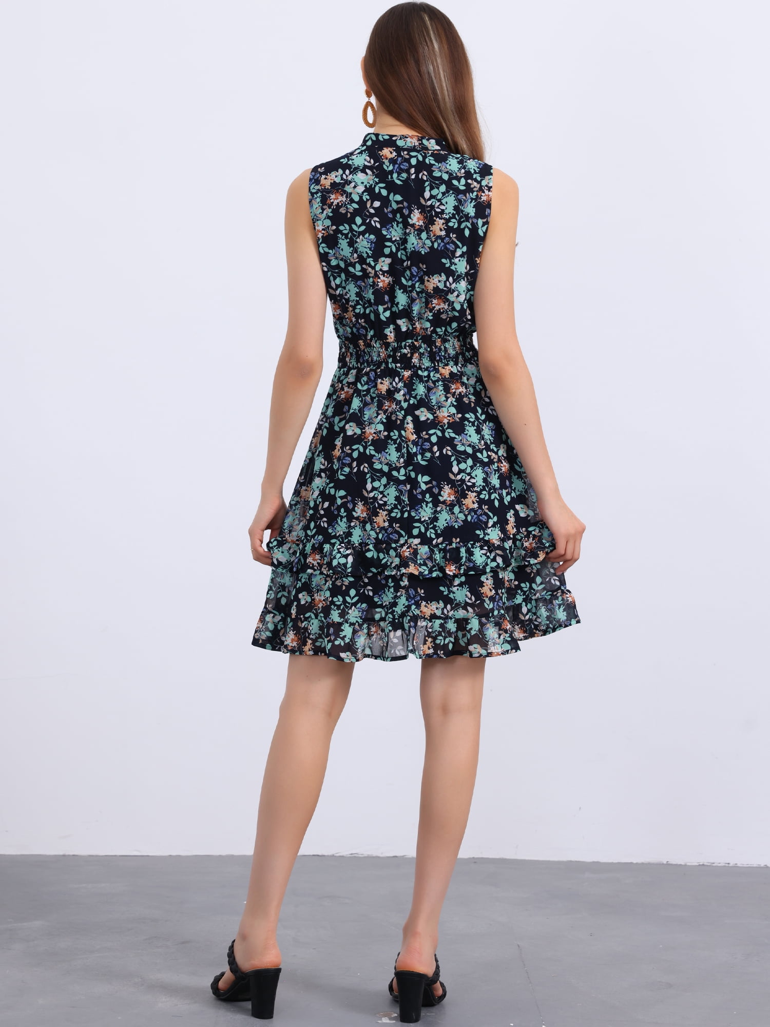DARING DIVA Women's Floral Chiffon Smocked Mini Sleeveless A-Line Dress XL Dark Blue