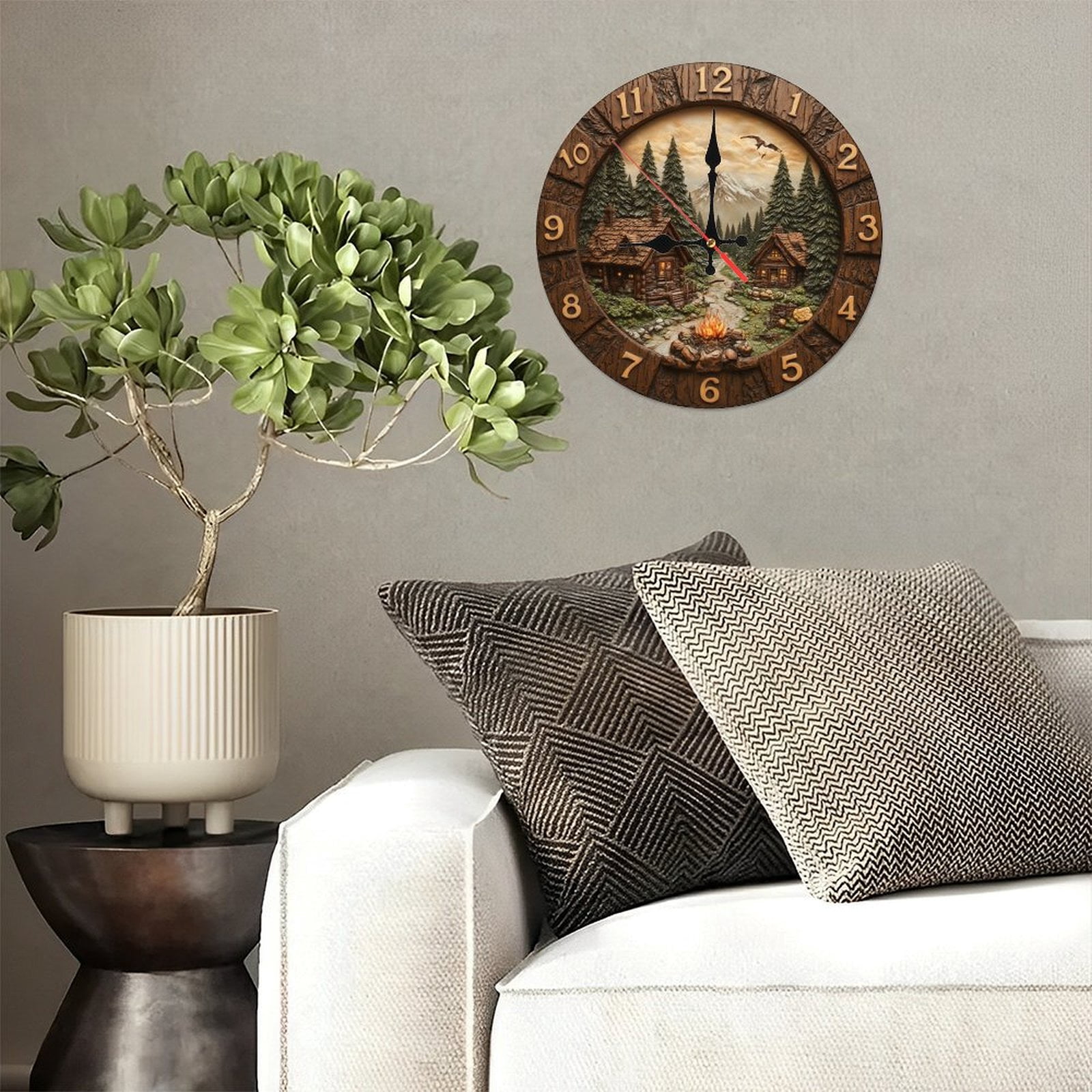Rustic Cabin Mountain Scene Wall Clock Wood Log Cabin Home Decor 10-Inch Silent Wooden Wall Clock, Battery Operated (AA Batteries Not Included), Artistic Home Decor