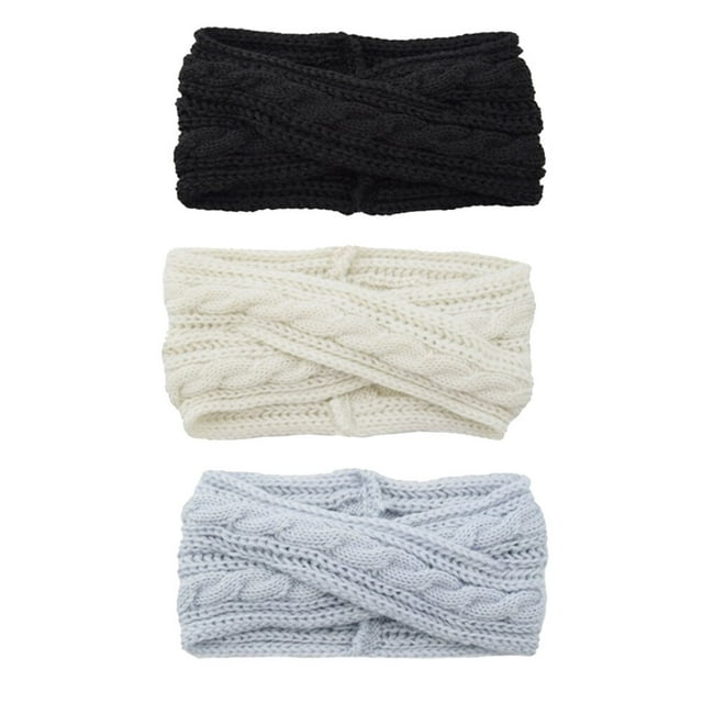 3pcs banda de pelo de lana tejida elegante diadema suave diadema mujer tocado accesorios de pelo de lana cruzada (negro, blanco y plata, 1 pieza para cada color)