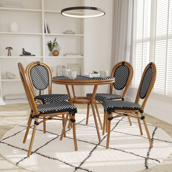 Emma   Oliver Indoor/Outdoor Bistro Style 31.5 in. Table with Black & White PE Rattan, Glass Top, and Four Chairs - Natural Frame