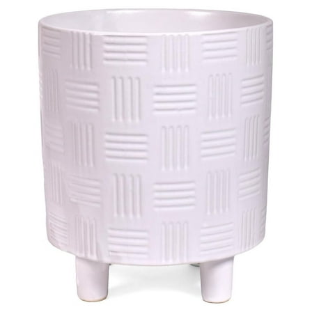 Ceramic Plant Pot with Etched Pattern, 6.75x7.75 inch White Cachepot