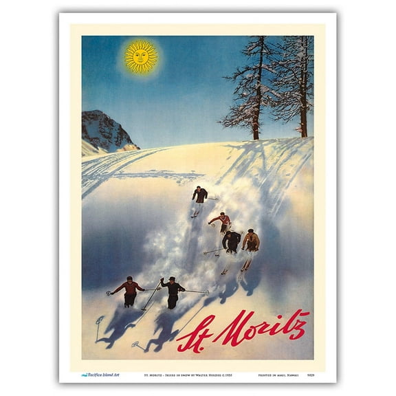 St. Moritz Switzerland - Skiers in Snow - Vintage Travel Poster by Walter Herdeg c.1935 - Master Art Print (Unframed) 9in x 12in