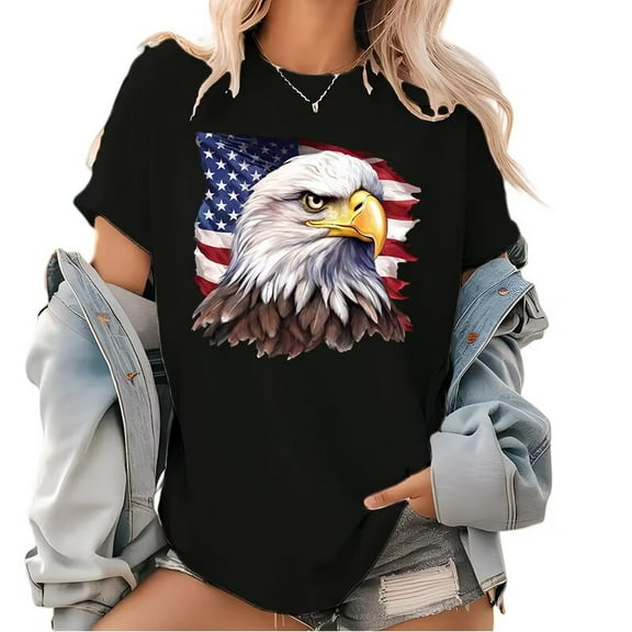 Womens American July 4th Patriotic Print T Shirts Eagle & Flag Design Graphic Tees Short Sleeve Casual Tops for Daily Outfits Black,S