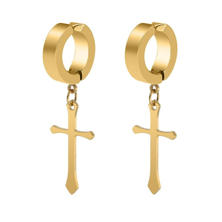 Kenklcie Non Pierced Clip On Cross Dangle Hoop Earrings Set Stainless Steel No Piercing Earrings