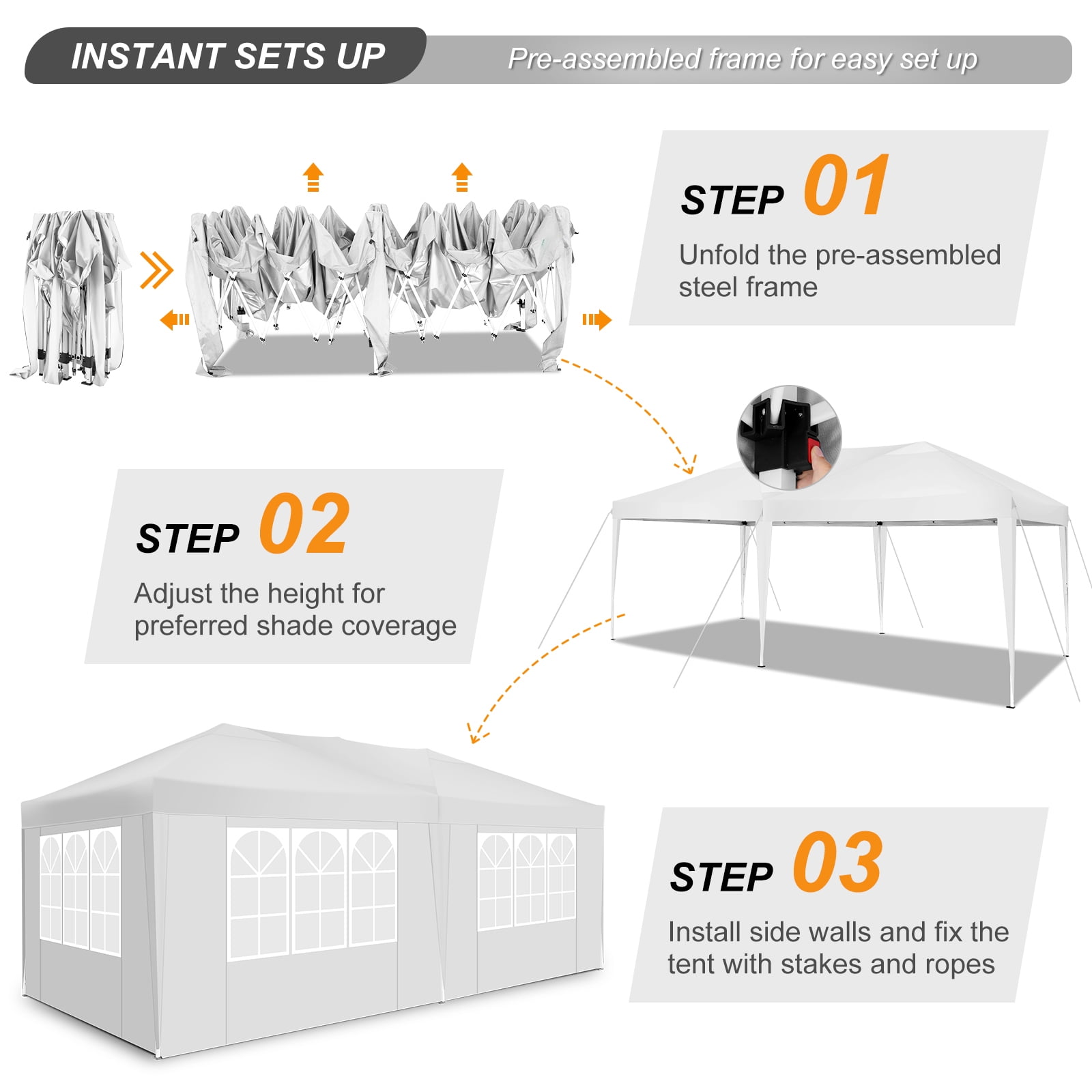 HOTEEL 10x20 Pop up Canopy Tent, Protable Canopy Tent with 6 Sidewalls Waterproof Commercial Pop up Tent for Parties, Wedding, Camping, Courtyard with Carry Bag,White