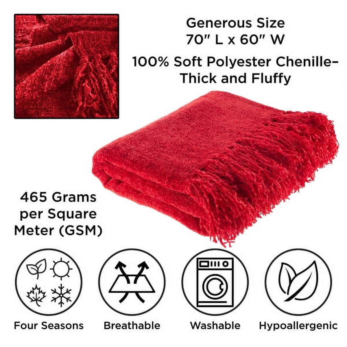 Chenille Throw Blanket- For Couch, Home Décor,Sofa & Chair-Oversized 60 x 70- Lightweight, 5 Fringe, Ultra-Soft & Shiny in Vineyard Red by LHC