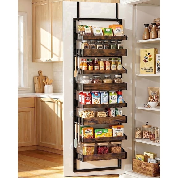 Kssiaz 8 Tier Over the Door Pantry Organizer, 2 IN 1 Heavy-Duty Wall Mount & Hanging Spice Rack Seasoning Shelves with Adjustable Basket, Back of Door Organizer for Kitchen Cabinet Storage, Black