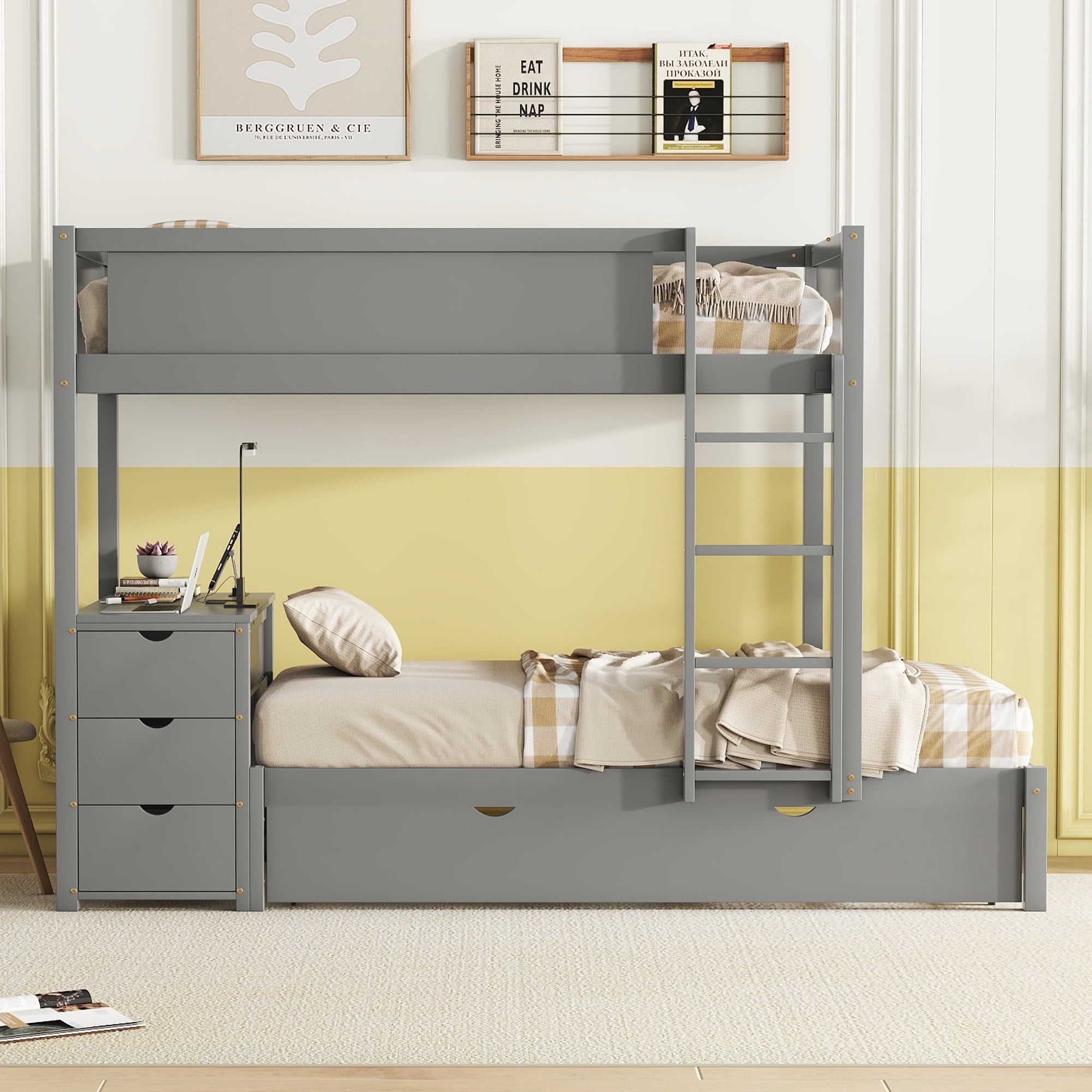 Aukfa Twin Over Twin Bunk Bed with Trundle and USB Charging Station, Wood Bed Frame with Build-in Desk&Storage Drawers for Kids Bedroom, Gray