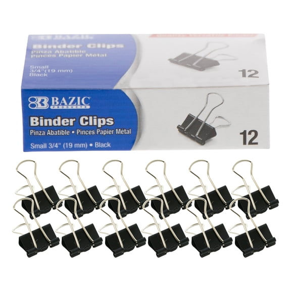 BAZIC Binder Clips Small Black 3/4" (19mm), Paper Clip (12/Pack), 1-Pack