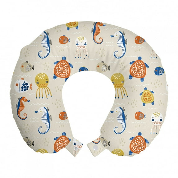 Nautical Travel Pillow Neck Rest, Colorful Nursery Themed Concept of Seahorses Octopus and Fish Drawings, Memory Foam Traveling Accessory Airplane and Car, 12", Eggshell Multicolor, by Ambesonne