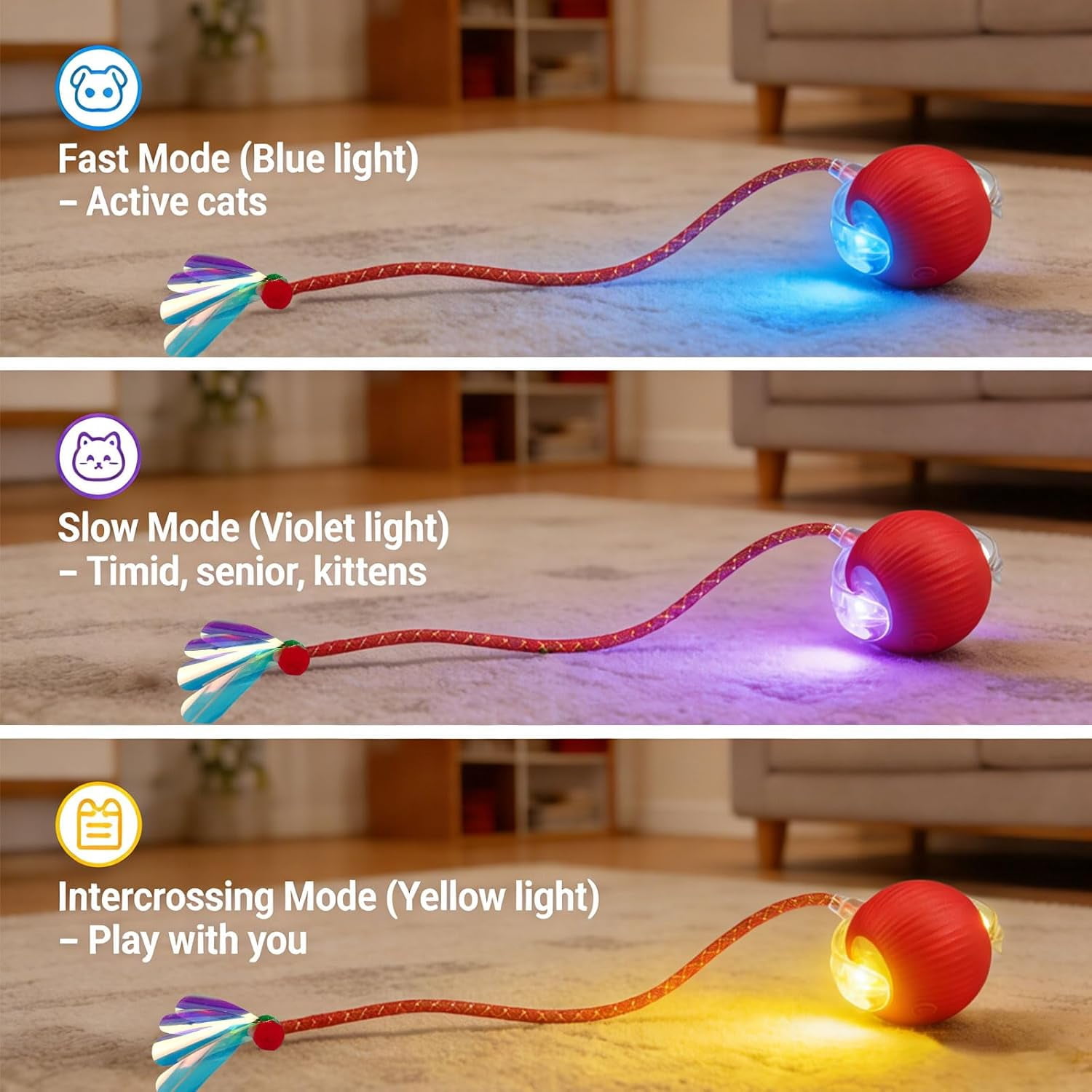 Speedy Tail 2.0 Cat Toy – 2 Replaceable Tails, Controllable Chirping, Motion Activated Rolling Ball, USB Rechargeable – Enrichment & Exercise for Bored Indoor Cats, Kittens (Red)