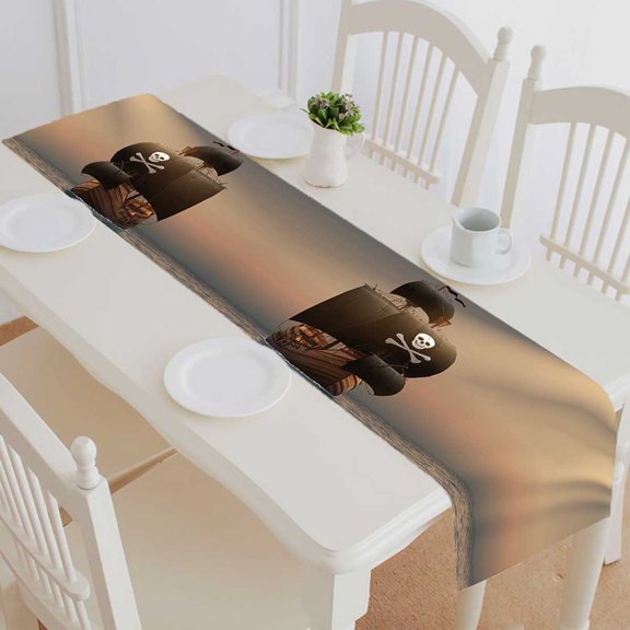 PKQWTM Pirate Ship Rays Sun Cotton and Linen Table Runner Kitchen Dining Room Supplies Size 14x72 Inch