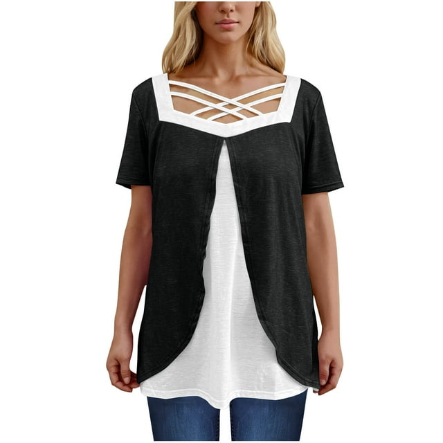 Timegard Hauts d'Été pour Femmes Grande Taille Col Carré Croisé Manches Courtes Décontracté Confortable Blouse