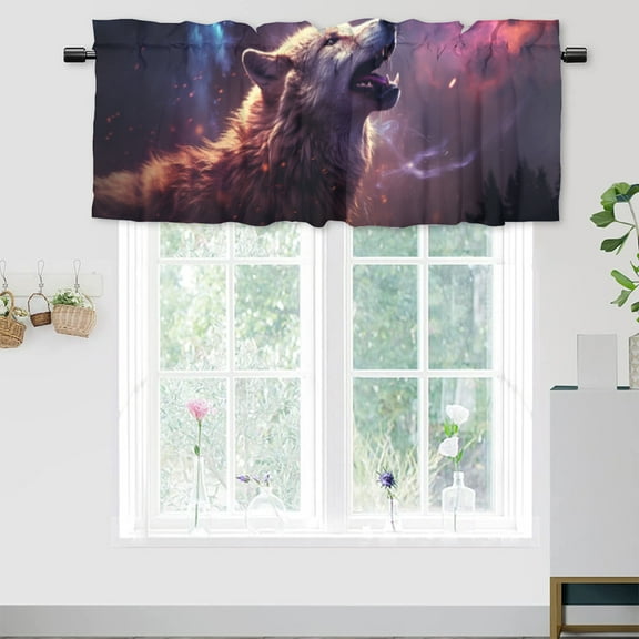 Fantasy Wolf Curtains Valances for Home Decor Wildlife Animal Purple Starry Sky Thermal Insulated Room Darkening Curtain for Dinning Room 54 by 18 in, 1 Panel