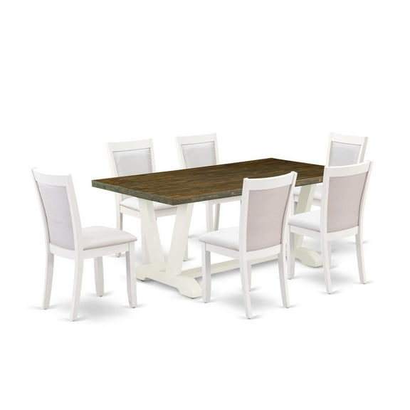 East West Furniture 7-Pc Dinette Set Contains a Wood Dining Table and 6 Cream Linen Fabric Parson Chairs with Stylish Back - Wire Brushed Linen White Finish